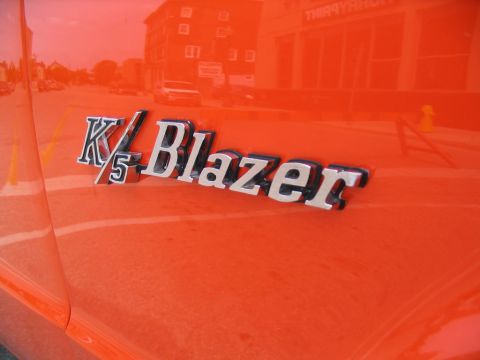 1993 Ford Taurus - Close-up of a K/5 Blazer emblem on an orange vehicle, with reflections of a street scene.