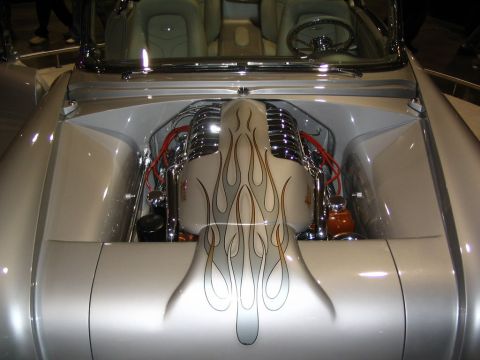 1993 Ford Taurus - Custom engine bay features flame graphics and polished chrome components.