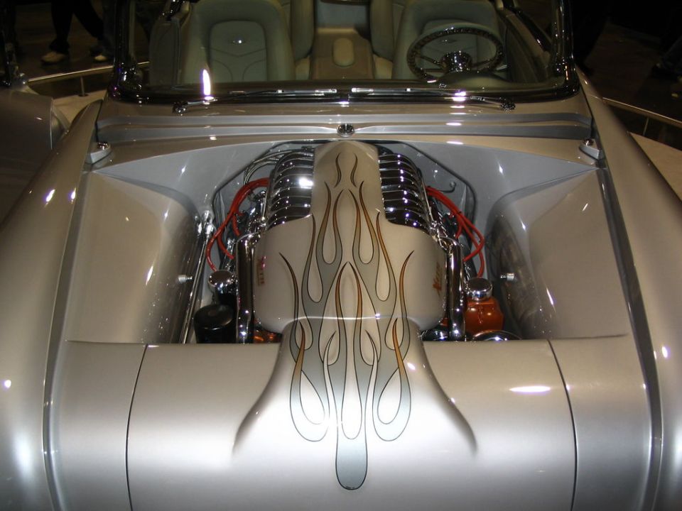 Engine bay with flame graphics and chrome details