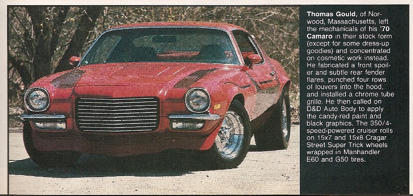 Red 1970 Chevrolet Camaro with chrome grille and Cragar wheels