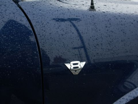 2001 Mercury Grand Marquis - Close-up of a V8 badge on a dark blue car fender covered in water droplets.