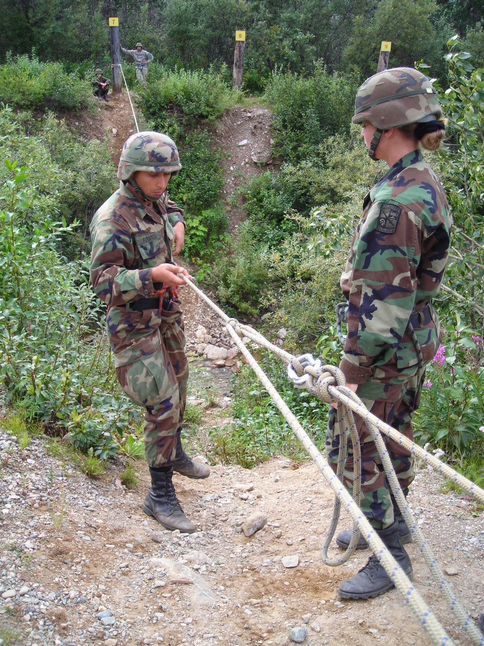 Military personnel practice rappelling with ropes and harnesses on a wooded hillside