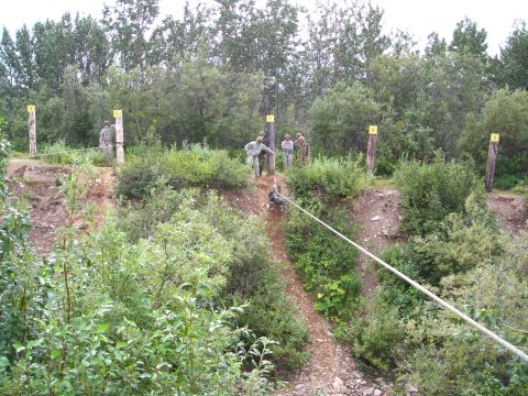 2003 Jeep TJ - A military training exercise shows soldiers using a rope system to descend a steep, wooded incline.