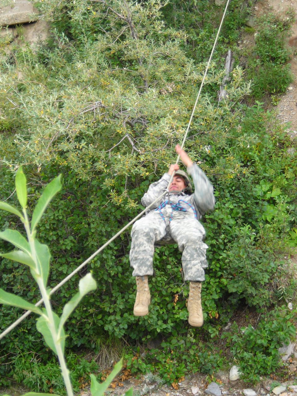 Soldier in camouflage uniform and harness rappelling down a vegetated slope using a rope