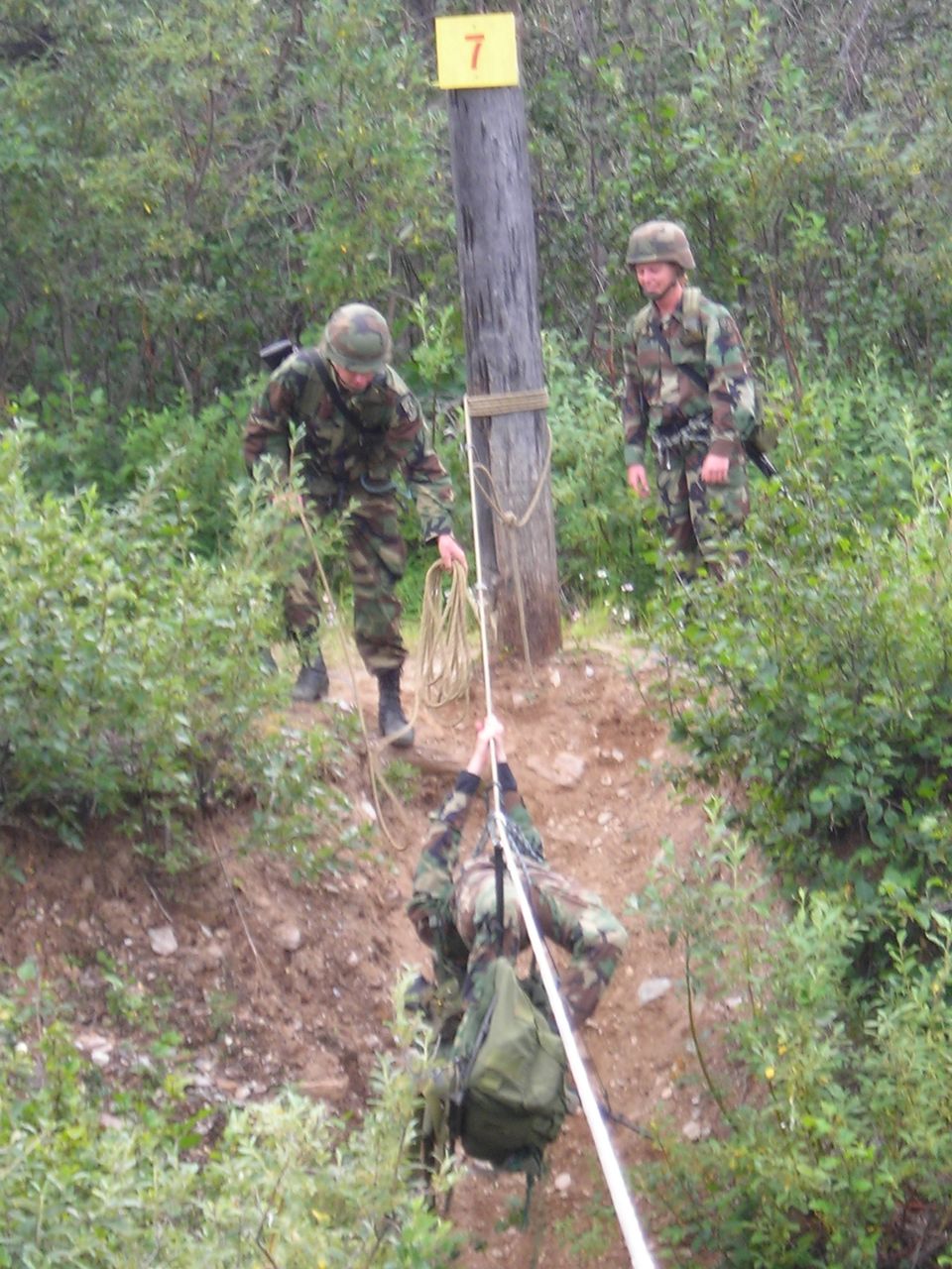 Soldiers in camouflage rappelling down a dirt embankment next to a wooden pole with a yellow sign labeled '7'