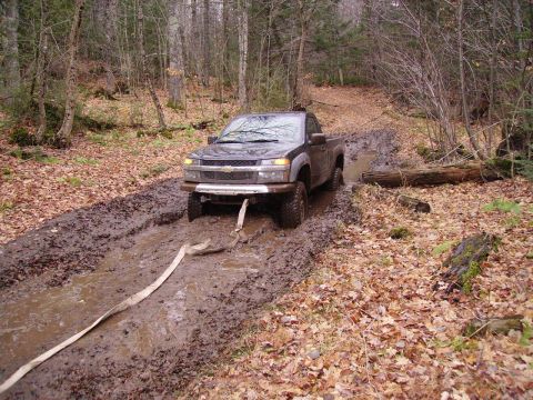 2000 Chevrolet Tahoe - Truck stuck in mud on a wooded trail, front view.