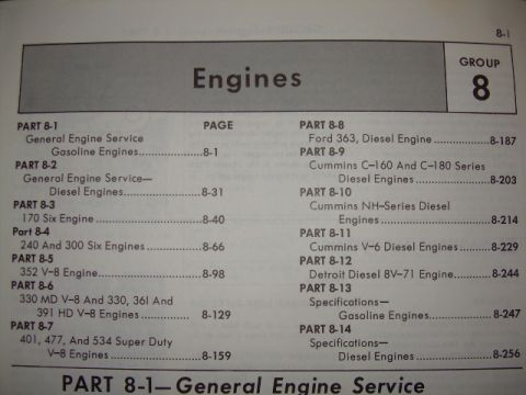 1971 Ford F-100 - This page from a service manual details various engine types, including Ford and Cummins, with corresponding part numbers and page referenc…