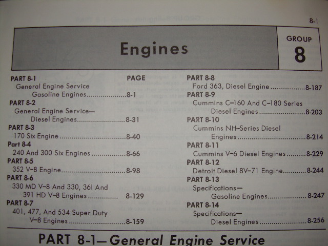 Ford truck shop manual Group 8 Engines contents page listing Parts 8-1 through 8-14
