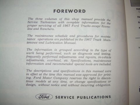 1971 Ford F-100 - This document is the foreword to a 1967 Ford Trucks service manual, detailing its contents and scope.