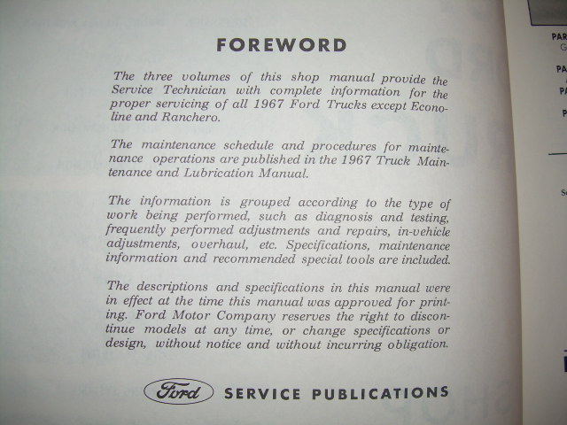 Foreword page of the 1967 Ford Trucks shop manual from Ford Service Publications