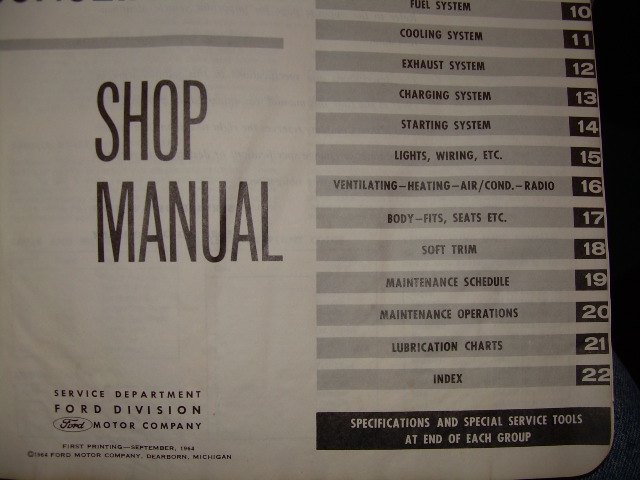 Ford Division shop manual title page with group index tabs 10 through 22
