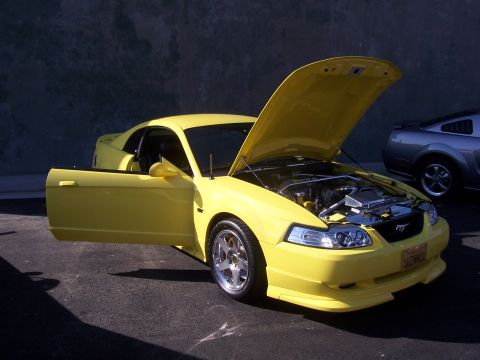 2002 Ford Mustang - A yellow 2002 Ford Mustang is displayed with its hood and driver's door open, parked next to another Mustang.