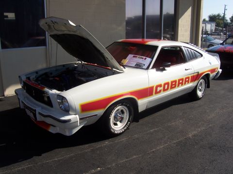 2002 Ford Mustang - This 1976 Ford Mustang Cobra II is displayed with its hood open, showing off its engine bay.