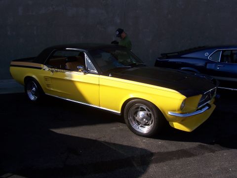 2002 Ford Mustang - A yellow and black 1967 Ford Mustang coupe is parked next to a blue car.