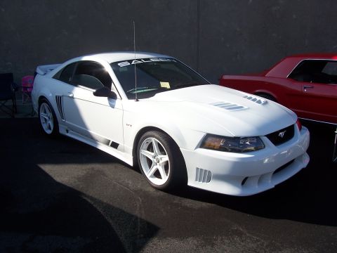 2002 Ford Mustang - White 2002 Ford Mustang Saleen edition displayed at an event, with another vehicle visible.