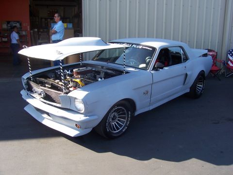 2002 Ford Mustang - A classic Ford Mustang is displayed with its hood open, revealing the engine bay and a "Mustangs Plus" decal.