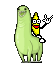 1989 Ford Bronco - A bizarre, cartoonish creature with a bottle perched atop its head stands against a black background.