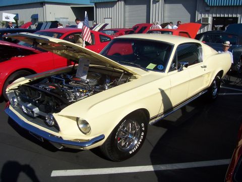 2002 Ford Mustang - A cream 1967 Ford Mustang fastback is displayed with its hood open, revealing the engine bay.