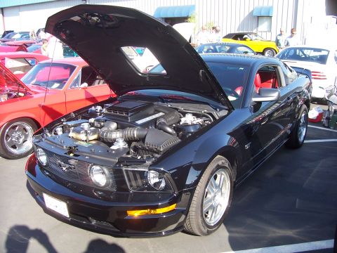 2002 Ford Mustang - A black 2005 Ford Mustang is displayed with its hood open, revealing the engine and a glimpse of its red interior.