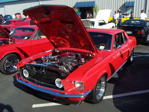 2002 Ford Mustang - A red classic Ford Mustang is displayed with its hood open, revealing the engine bay.