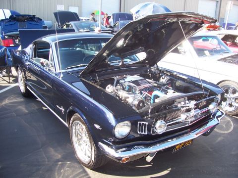 2002 Ford Mustang - A classic dark blue Ford Mustang is displayed with its hood open, revealing a custom engine and polished components.