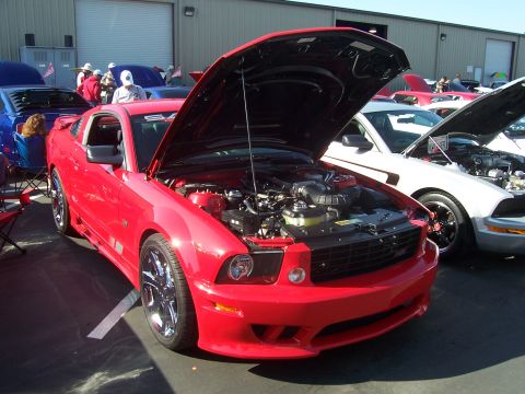 2002 Ford Mustang - A red 2005 Ford Mustang is displayed with its hood open, revealing the engine bay, alongside other vehicles at an outdoor event.