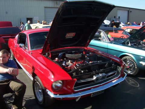 2002 Ford Mustang - A red classic Mustang is displayed with its hood up, revealing the engine bay.