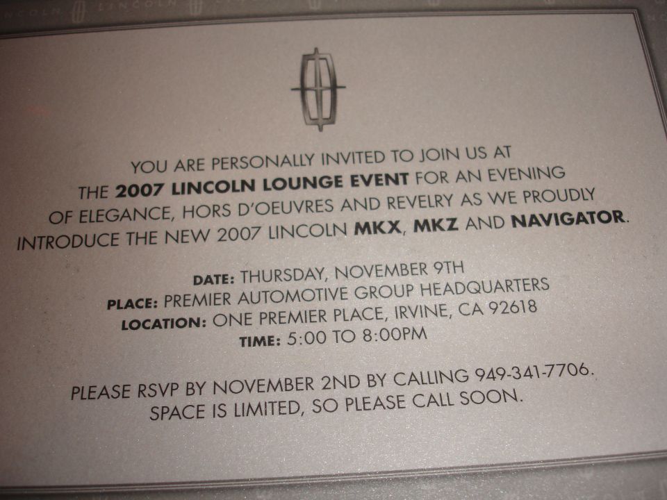 Invitation card for the 2007 Lincoln Lounge Event with Lincoln emblem