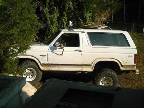 1986 Ford Bronco - A white 1986 Ford Bronco is parked on a grassy slope, partially obscured by trees and foreground structures.