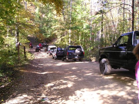 1996 Ford Bronco - A convoy of vehicles, including ATVs and SUVs, travels down a wooded dirt road during an autumn outing.