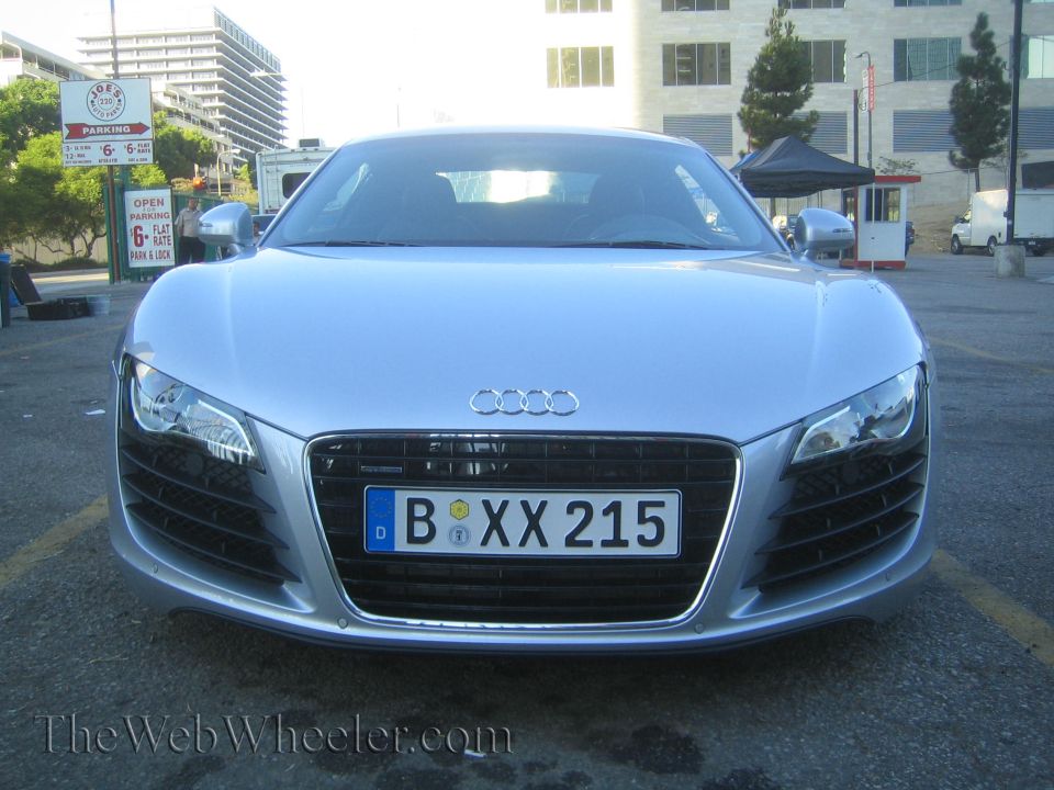 Silver Audi R8 parked, front view. German license plate B XX 215