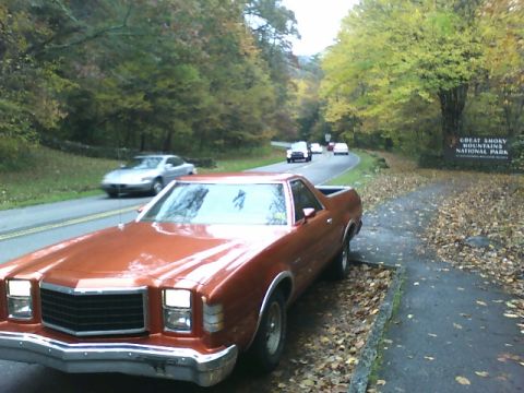 1979 Ford Ranchero - A 1977 Ford Ranchero is parked by the road in Great Smoky Mountains National Park during autumn.