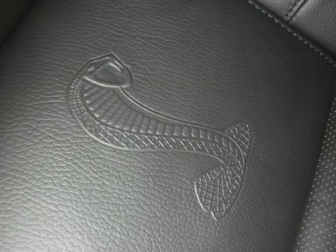 1998 Ford Crown Victoria - Close-up of an embossed coiled Cobra snake emblem on black leather upholstery with perforated stitching below.