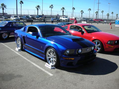 1998 Ford Crown Victoria - Dark blue Ford Mustang with black stripes and chrome wheels parked at an outdoor car show next to a red Mustang.
