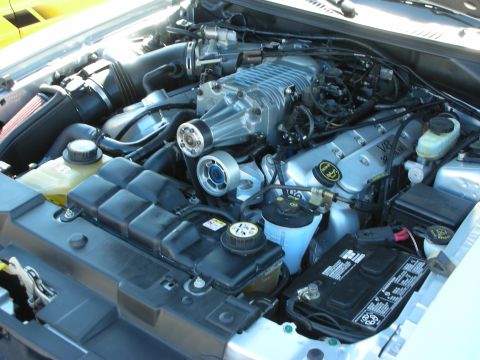 1998 Ford Crown Victoria - Engine compartment showing a silver Eaton-style supercharger mounted on a V8 engine with a black battery and coolant tank.