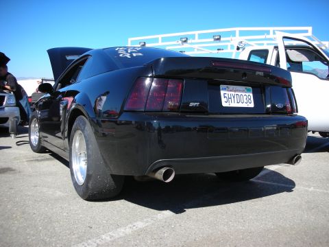 1998 Ford Crown Victoria - rear three-quarter view of a black Ford Mustang SVT Cobra with dual exhaust and California plate 5HYD038.