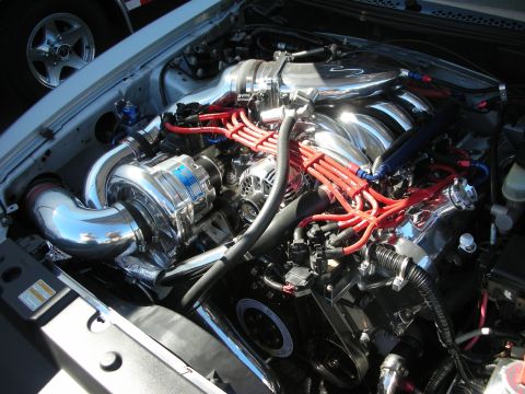 1998 Ford Crown Victoria - engine bay featuring a polished centrifugal supercharger, chrome charge piping and red spark plug wires.