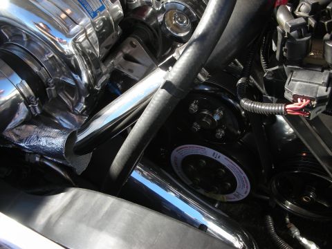 1998 Ford Crown Victoria - Engine bay showing accessory pulleys, serpentine belt, polished tubing and a wiring harness with a red connector.