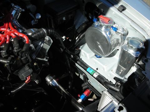 1998 Ford Crown Victoria - Engine bay detail with a polished aluminum overflow reservoir, red plug wires and a loomed wiring harness.