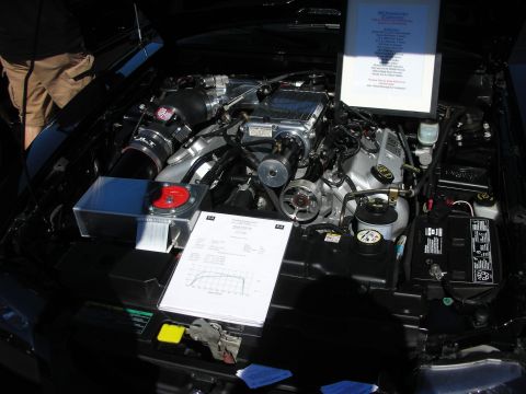 1998 Ford Crown Victoria - Modified engine bay featuring a supercharger, polished components and a clipboard with a dyno chart on display.