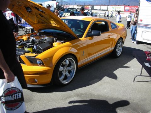 1998 Ford Crown Victoria - Orange Ford Shelby GT500 Mustang with hood open and chrome wheels, on display at an outdoor motorsports event.