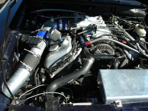 1998 Ford Crown Victoria - engine bay containing a Ford modular V8 with a blue-filter cold-air intake, accessory belt, and aluminum overflow tank.