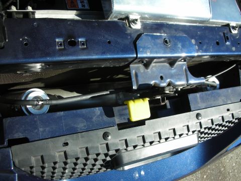 1998 Ford Crown Victoria - close-up of a blue vehicle's front core support and radiator area showing a yellow rubber hood-latch bumper and fasteners.