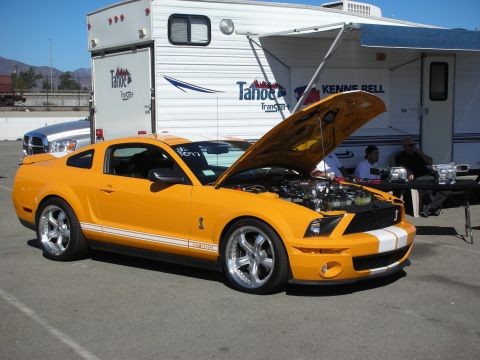 1998 Ford Crown Victoria - orange Ford Shelby GT500 coupe with white racing stripes sits with its hood open beside a Tahoe-branded trailer at an outdoor event.