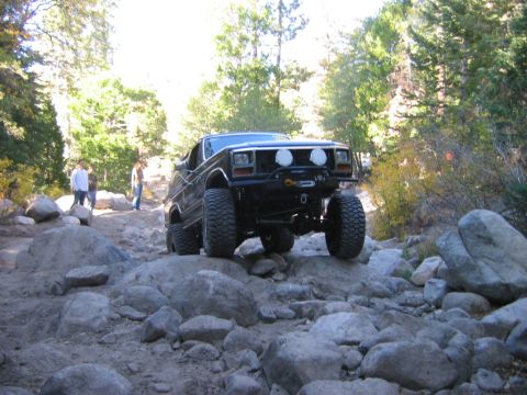 1985 Ford Bronco - A modified black Ford Bronco tackles a challenging rocky terrain with trees in the background.