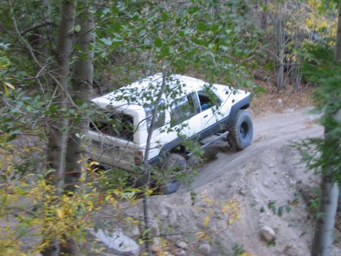 1985 Ford Bronco - A white off-road SUV navigates a steep dirt path surrounded by foliage.