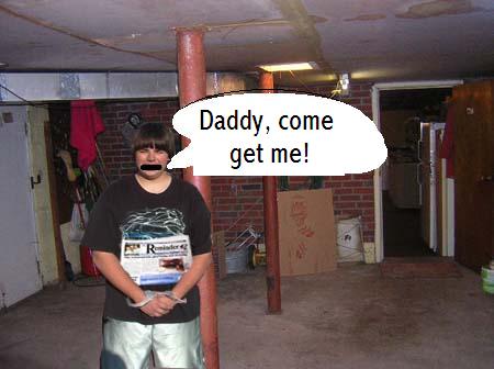1989 Ford Bronco - A boy stands in a basement with his hands cuffed and tape over his mouth, a speech bubble above him says 'Daddy, come get me!'