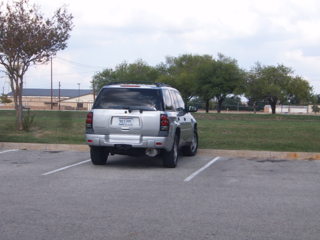 Silver SUV parked in a lot, rear view. License plate reads 703-PPL