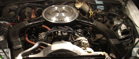 1985 Ford LTD Crown Victoria - Engine bay of a Ford V8 with a chrome round air cleaner lid stamped 5.0 Liter E.F.I., flanked by black corrugated intake ducting and blue p…