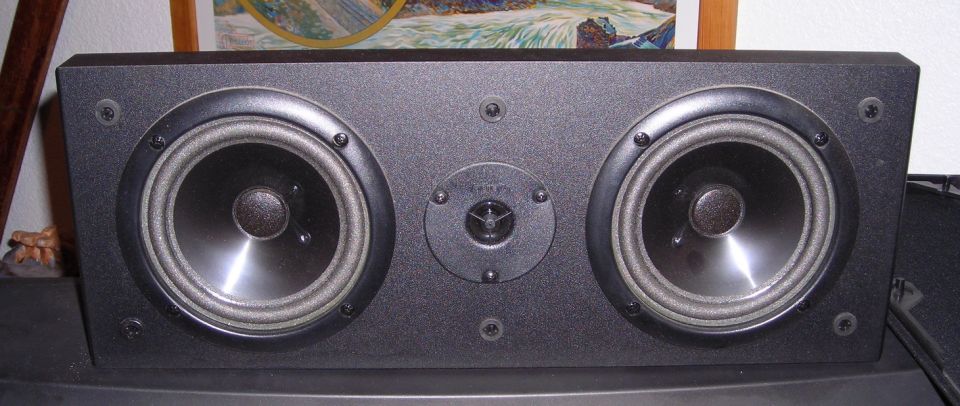 Black speaker with two woofers and a tweeter, front view